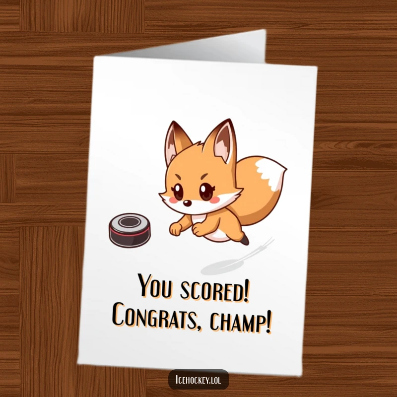 Funny Free Printable Congratulations Card: A fast fox player slides on ice with a puck, celebrating victory.