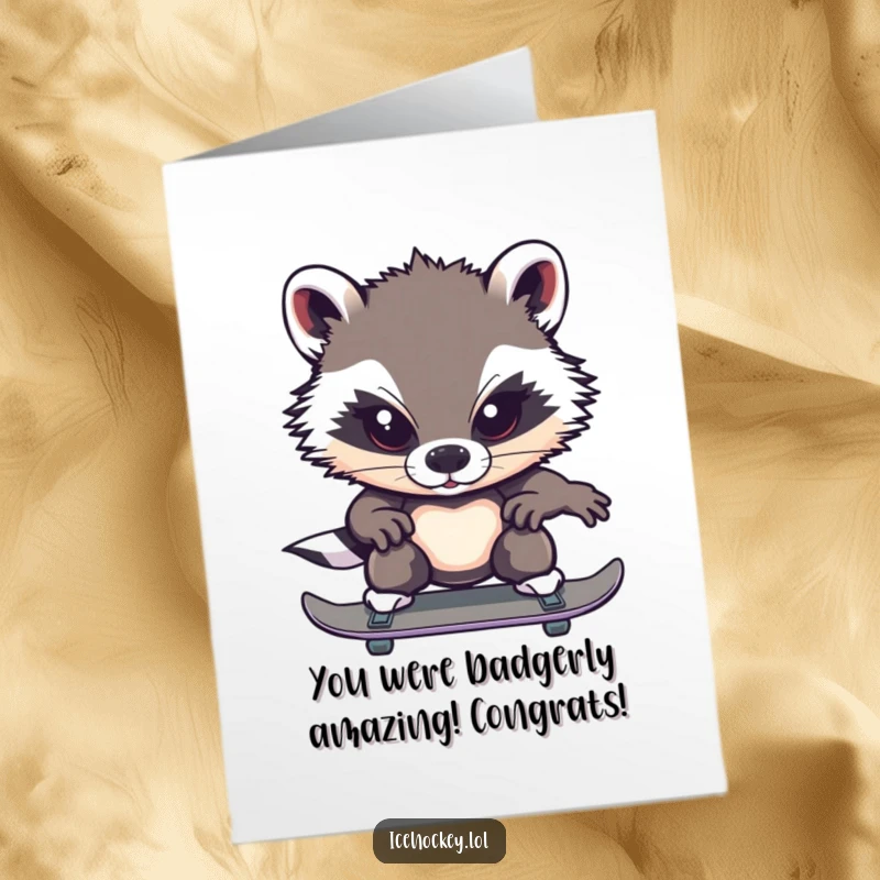 Funny Free Printable Congratulations Card: A brave badger skates with supreme focus, celebrating their focused win.
