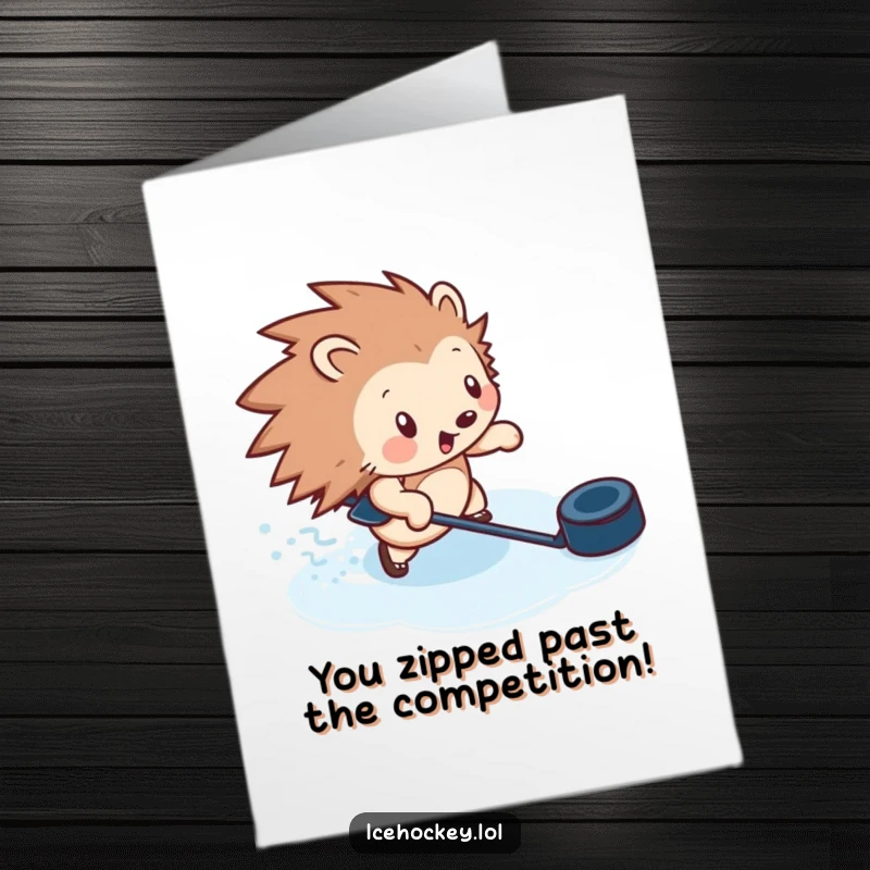 Funny free printable congratulations card: A determined hedgehog speeding across ice with a puck, celebrating your championship win.