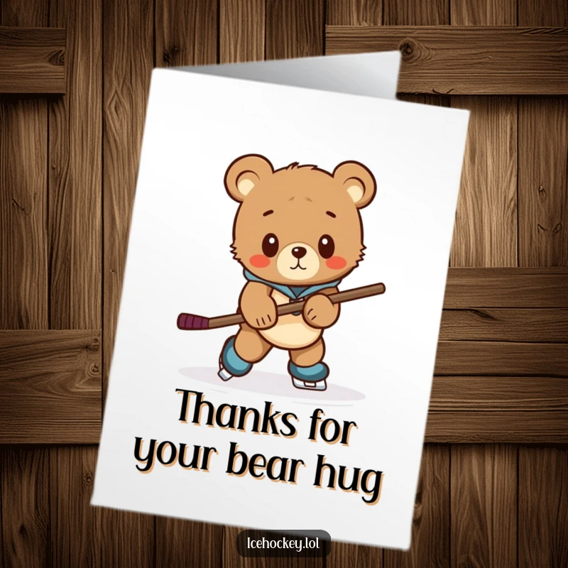 Funny Free Printable Thank You Card: Curious bear cub awkwardly trying to skate with a too-big hockey stick, expressing thanks.