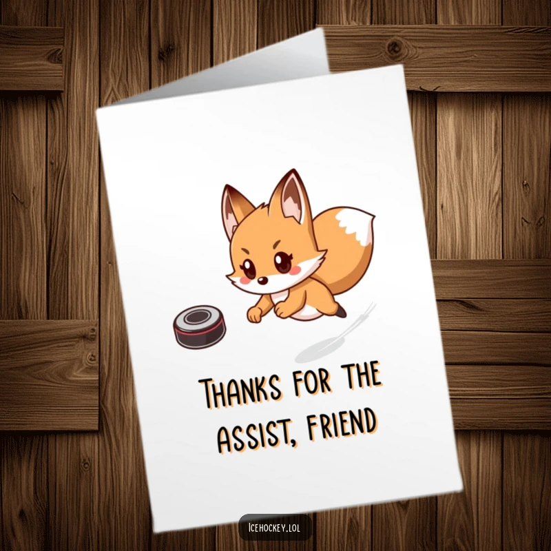 Funny Free Printable Thank You Card: A cheerful fox wearing skates and holding a stick, sending thanks.