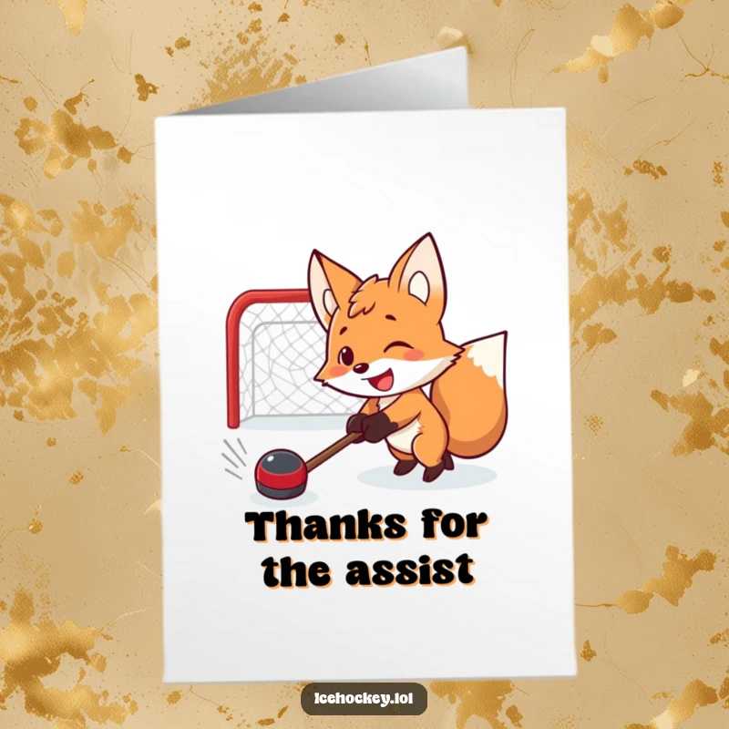 Funny Free Printable Thank You Card: Determined fox hockey player shooting a puck, thanking someone for a great play.