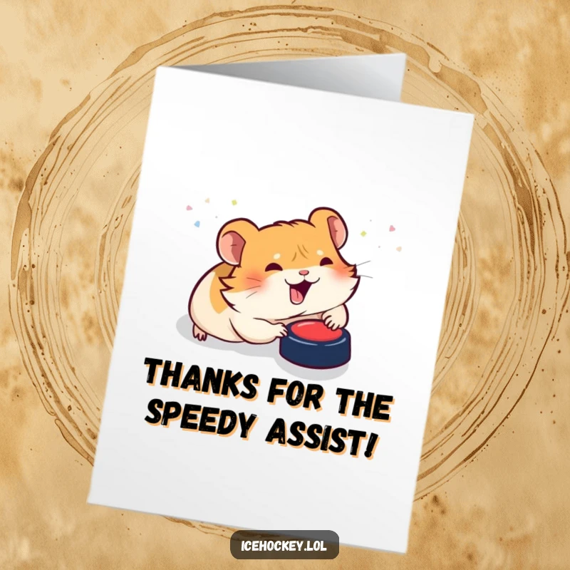 Funny Free Printable Thank You Card: A giggling hamster in hockey gear slides towards the puck, expressing thanks with glee.