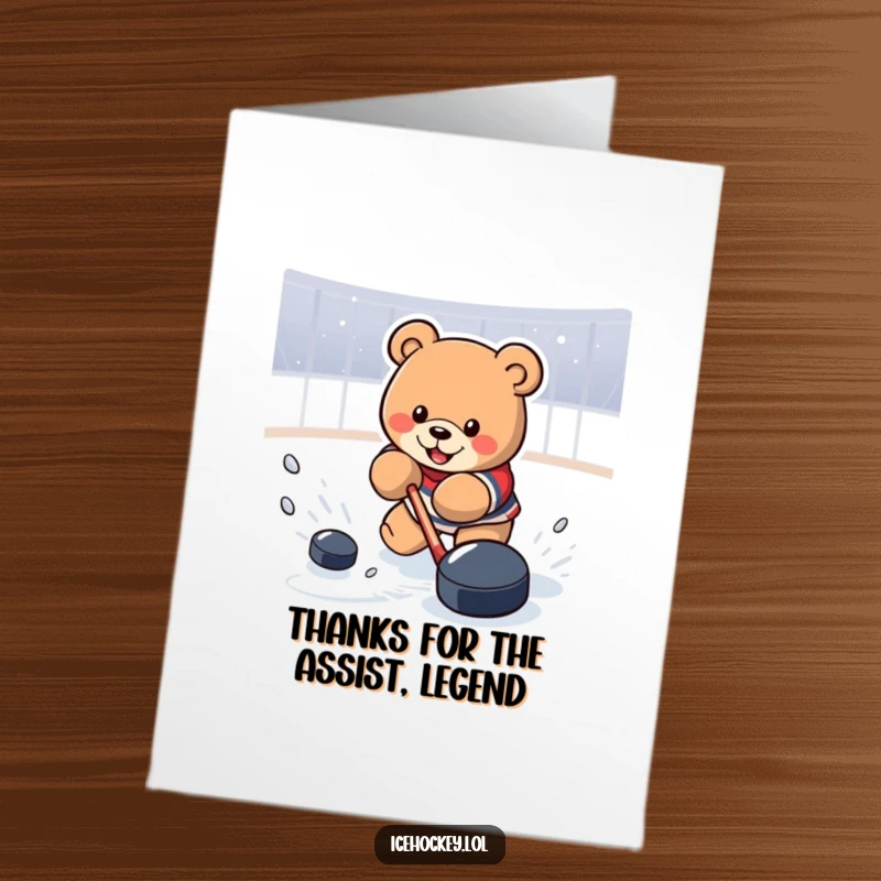 Funny Free Printable Thank You Card: Determined bear in a hockey pose, shooting a puck with a thankful expression.