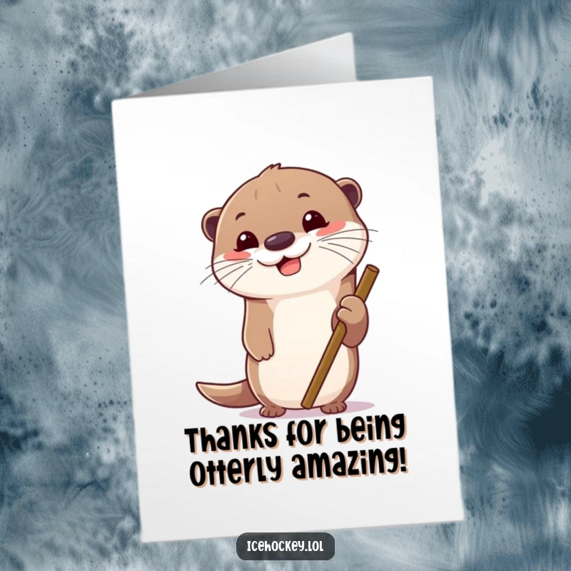 Funny Free Printable Thank You Card: Cheerful otter gripping hockey stick tightly, eyes focused, ready for action, a cool downloadable