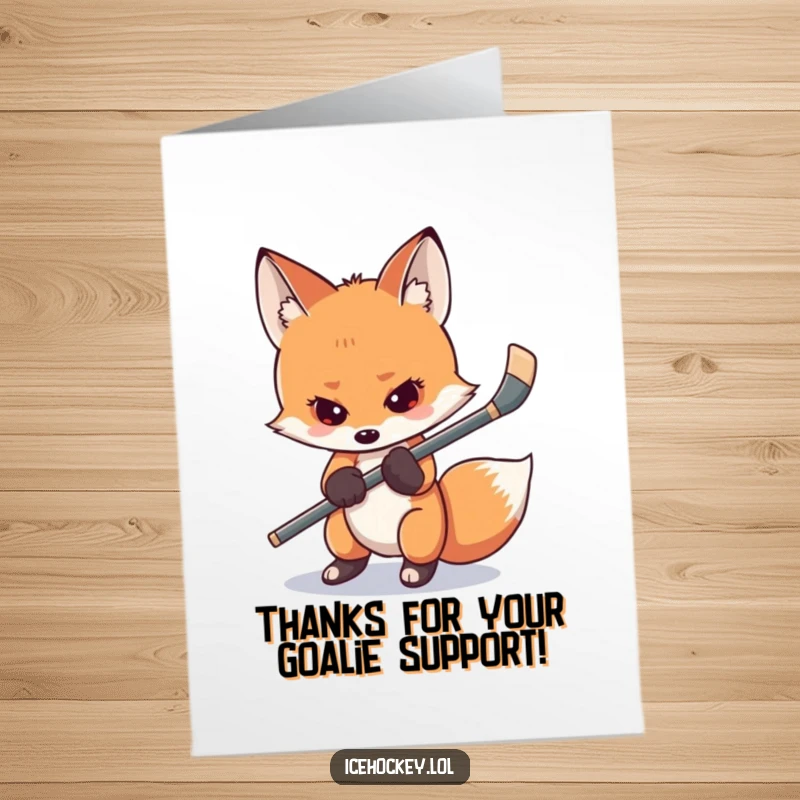Funny Free Printable Thank You Card: A shy fox nervously holding a hockey stick, perfect for thanking someone.