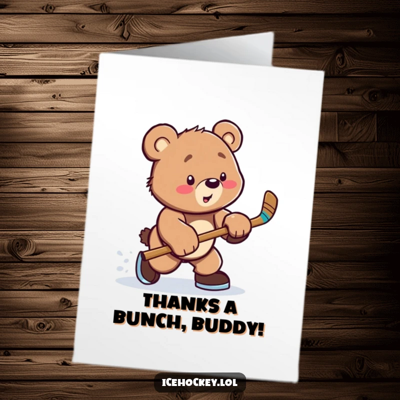 Funny Free Printable Thank You Card: A playful bear cub in goalie pads attempts a slap shot, expressing gratitude with a smile.