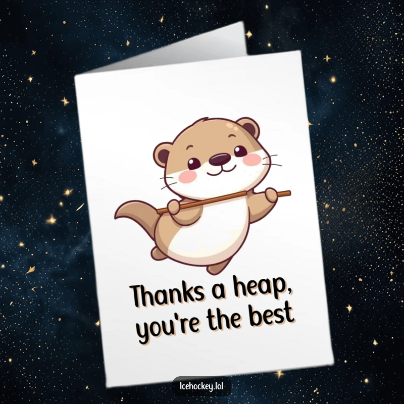 Funny Free Printable Thank You Card: Playful otter gliding with a hockey stick, conveying thanks with a joyful grin.