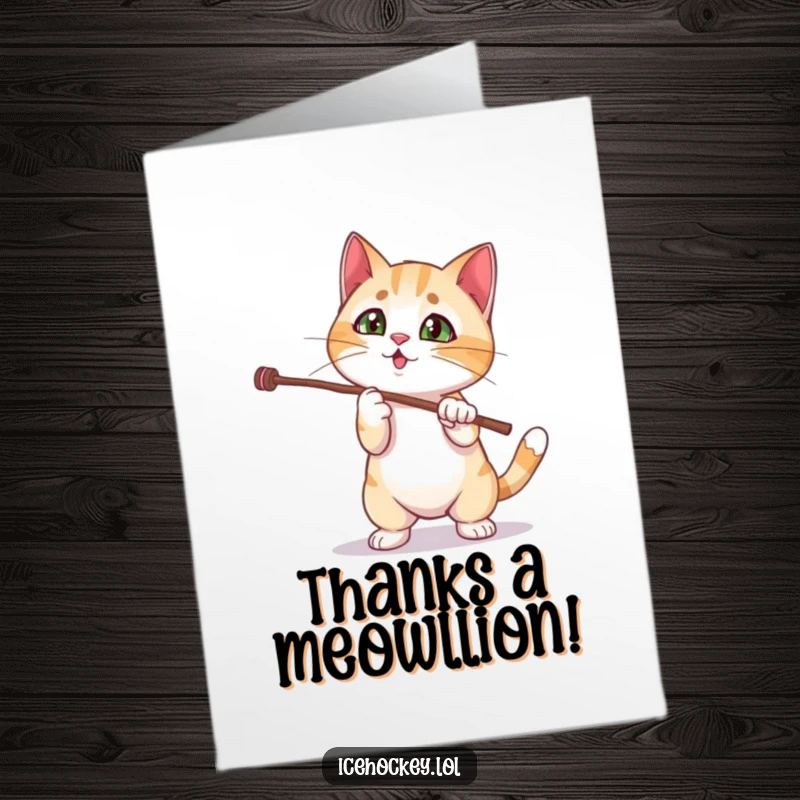 Funny Free Printable Thank You Card: A curious cat performs a fancy stick trick to express thanks with humor.