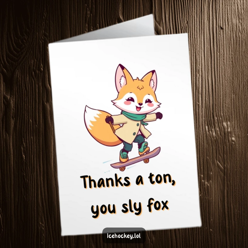 Funny Free Printable Thank You Card: Joyful fox skating rapidly, stick held high, conveying thanks with a happy expression.