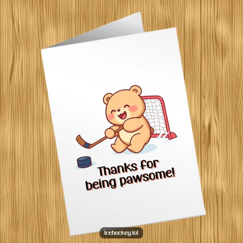 Funny Free Printable Thank You Card: a joyful bear cub shooting a hockey puck, expressing thanks.
