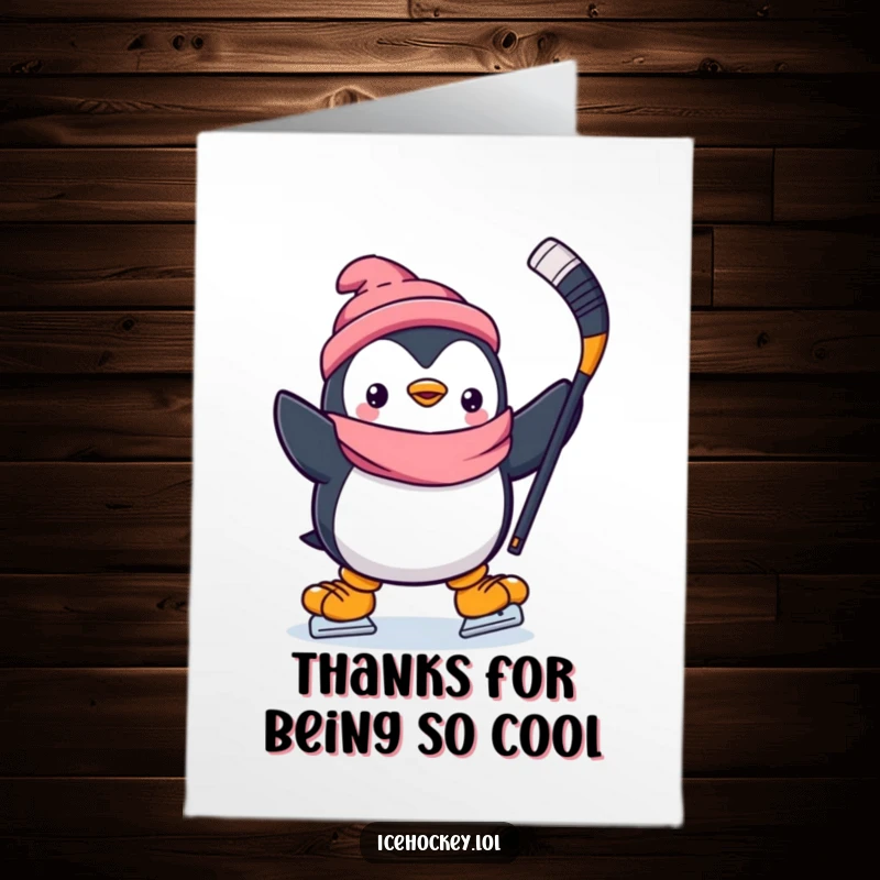 Funny Free Printable Thank You Card: A happy penguin wearing hockey gear holds a stick and expresses thanks.