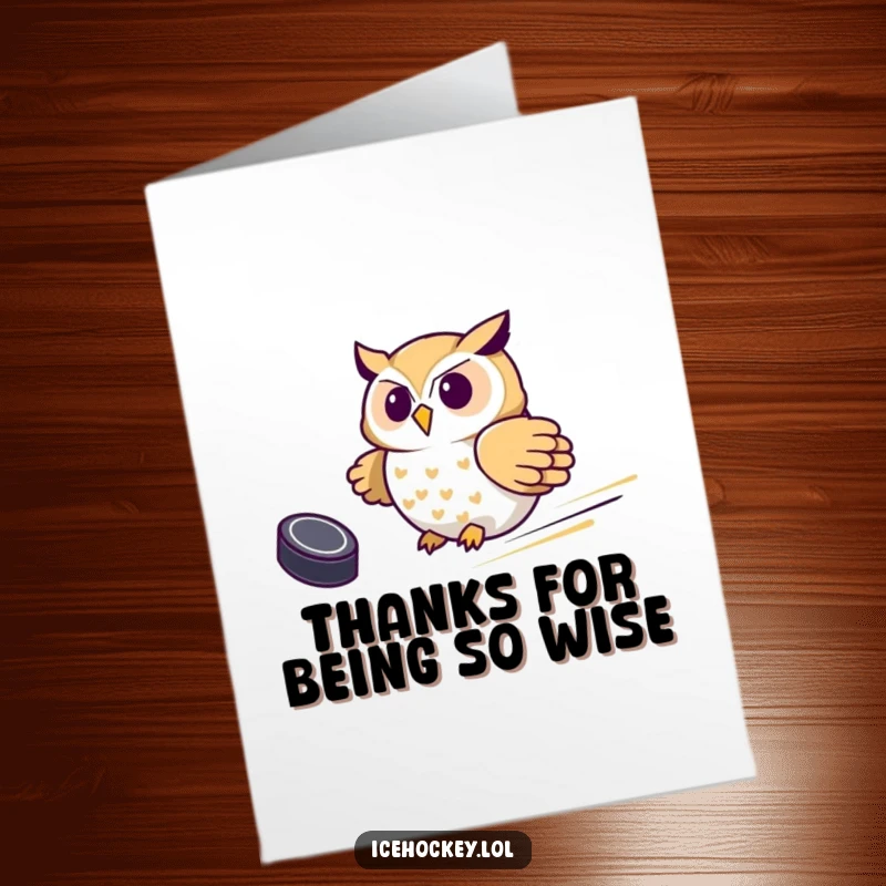 Funny Free Printable Thank You Card: Proud owl sliding swiftly with a hockey puck, expressing thanks.