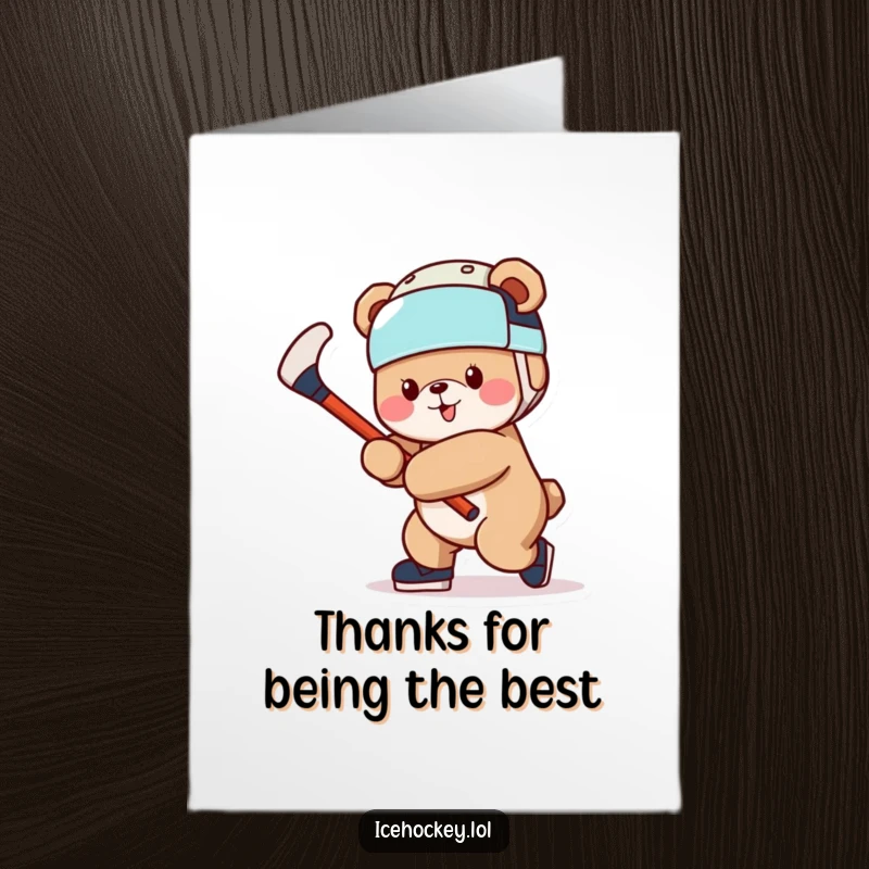 Funny Free Printable Thank You Card: A cheerful bear in a hockey helmet swinging a stick, sending thanks.