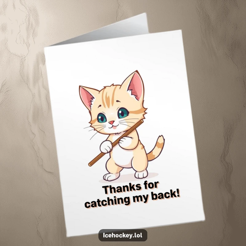 Funny Free Printable Thank You Card: A wobbly kitten defends the goal with a hockey stick, a truly earnest thank you.