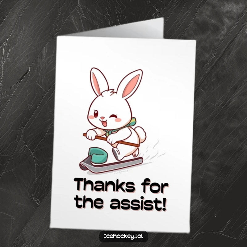 Funny Free Printable Thank You Card: Determined hockey bunny player smiling, gliding fast with a puck, expressing thanks.
