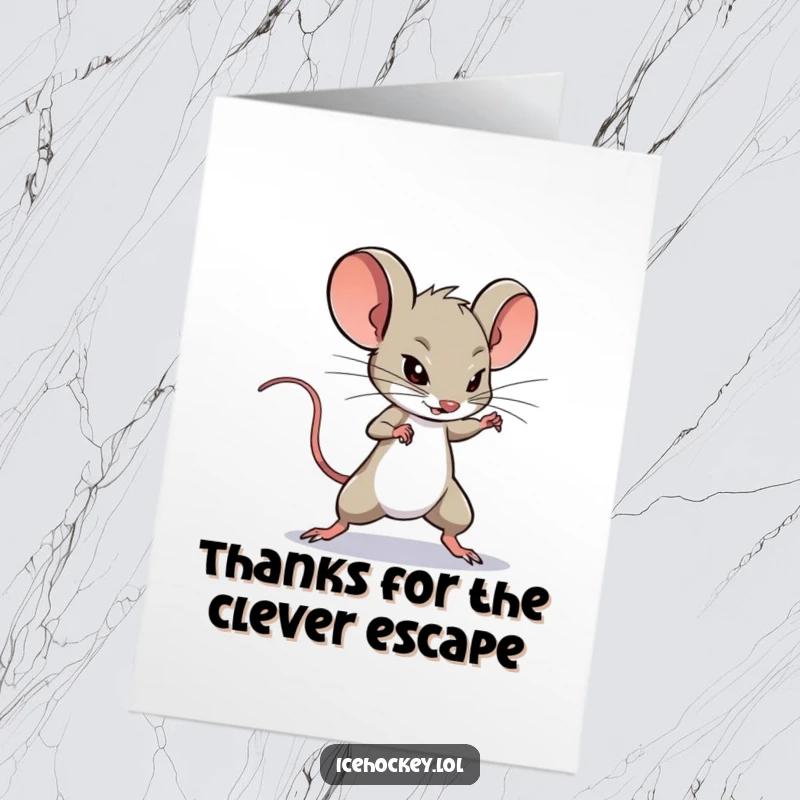 Funny Free Printable Thank You Card of a determined mouse executing an expert deke maneuver around an opponent.