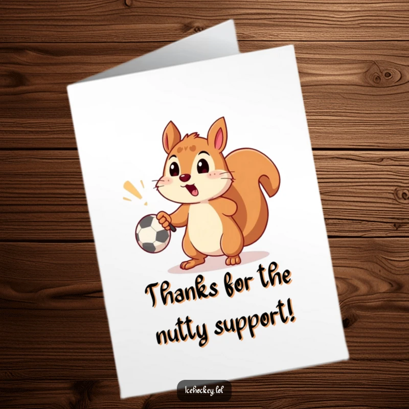 Funny Free Printable Thank You Card: Playfully surprised squirrel goalie misses the hockey goal with a shot, looking apologetic.