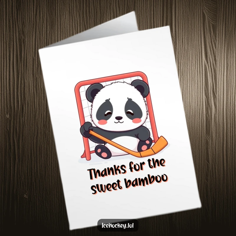Funny free printable thank you card: a confused panda cub observing a hockey net with a gentle, bewildered expression.