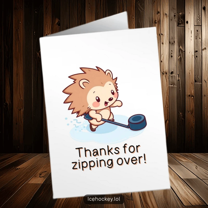 Funny free printable thank you card: A charming hedgehog zipping across ice with a puck, expressing heartfelt thanks.