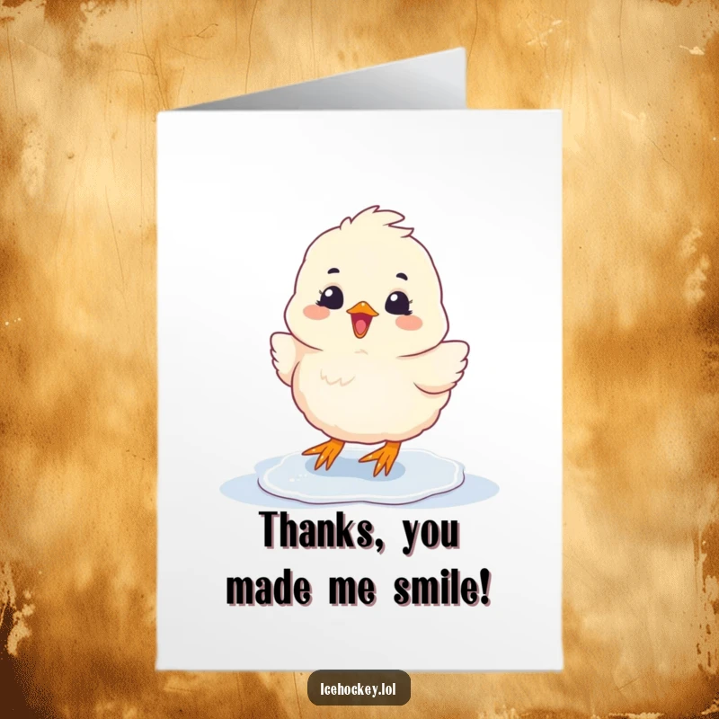 Funny Free Printable Thank You Card: A fluffy chick slides on ice with pure glee, showing gratitude.
