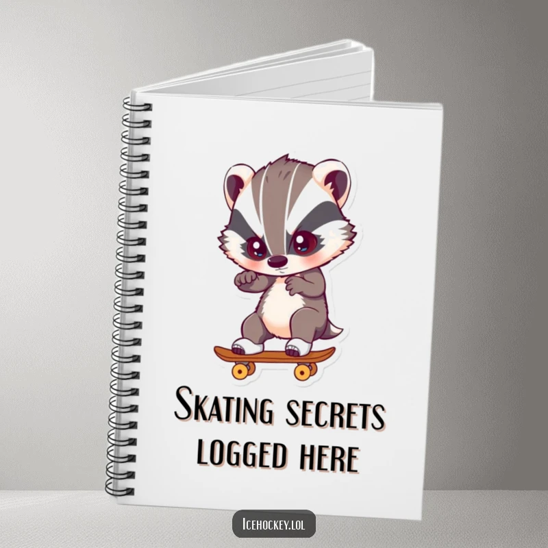 Funny Notebook with a badger skating with intense focus, perfect for journaling, note-taking, and creative sessions.