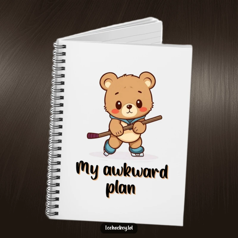 Funny notebook featuring a curious bear cub awkwardly skating with a comically oversized hockey stick, with lined pages.