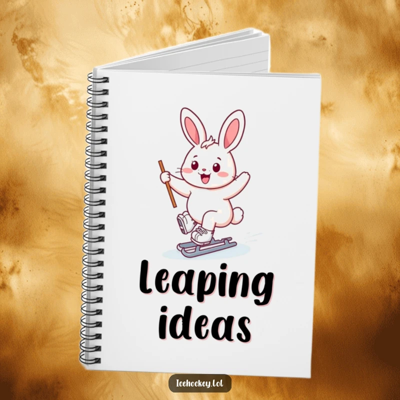 Funny bunny ice skater notebook, cheerful bunny gliding on skates, stick held high, for writing and drawing, cute funny gift.