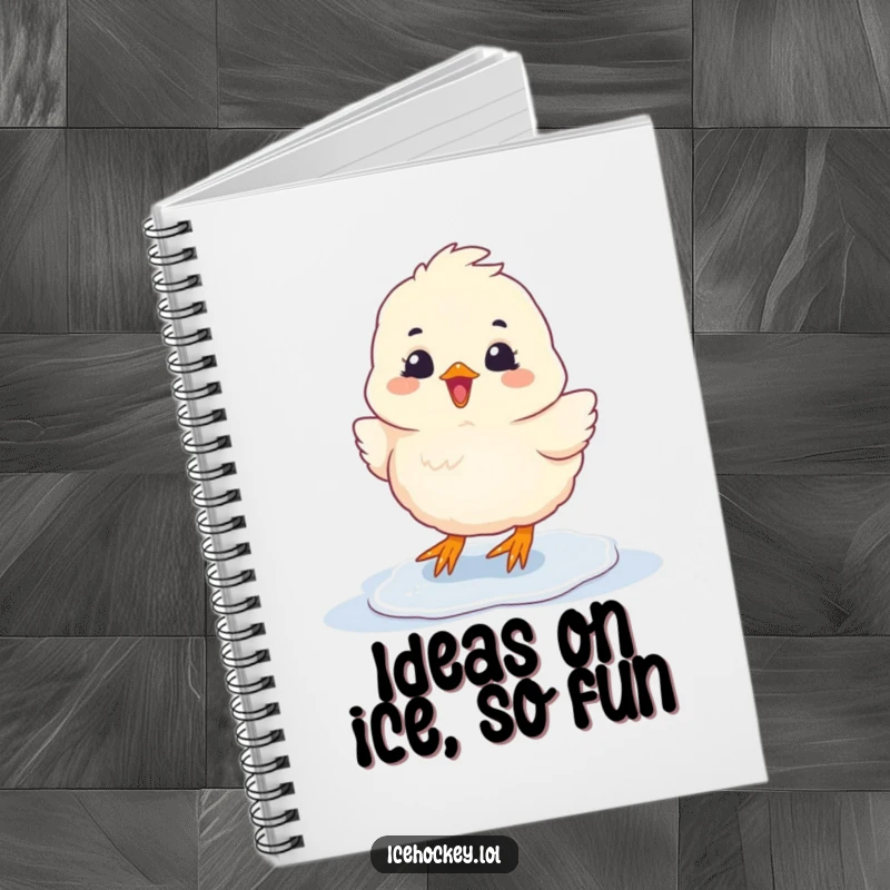 Funny Notebook with a fluffy chick sliding on ice with glee, perfect for journaling and note-taking.