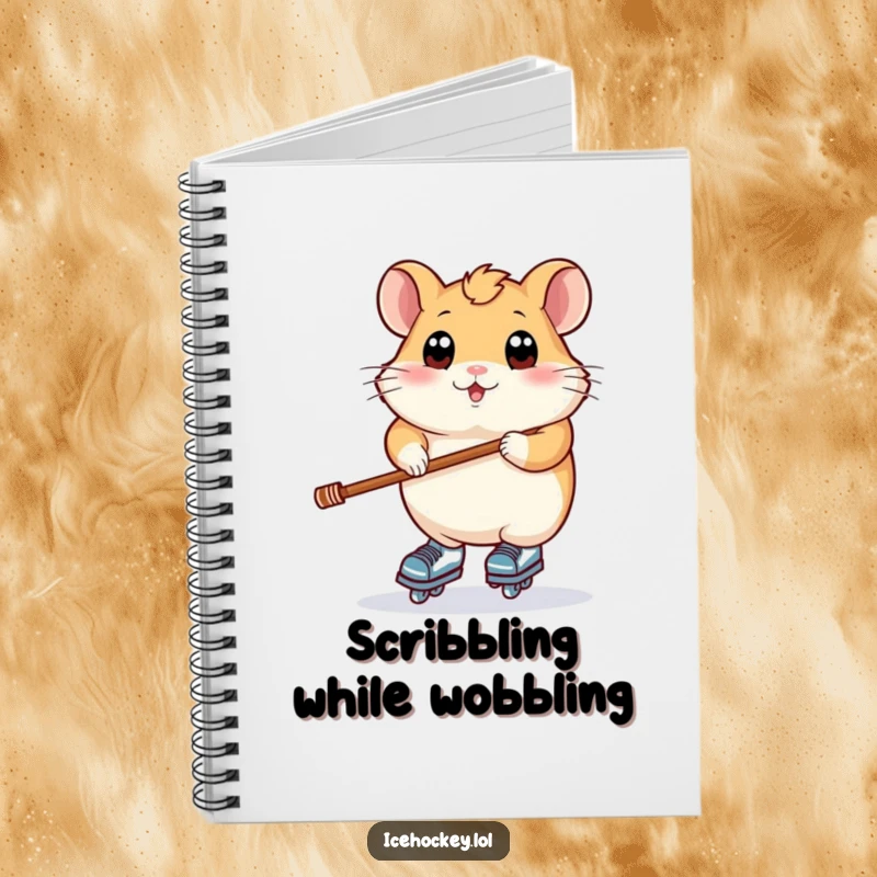 Funny notebook cover with a plump hamster, wide eyes, balancing on skates while holding a stick, inspiring creative fun.