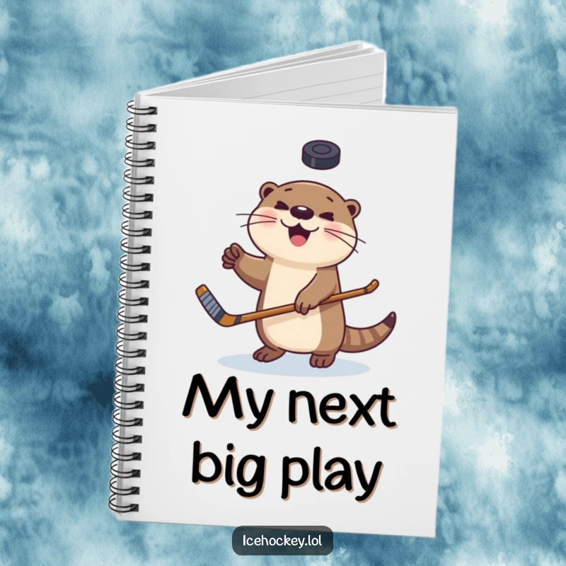 Funny notebook featuring a happy otter juggling a hockey puck, perfect for notes, sketches, and hockey lovers.