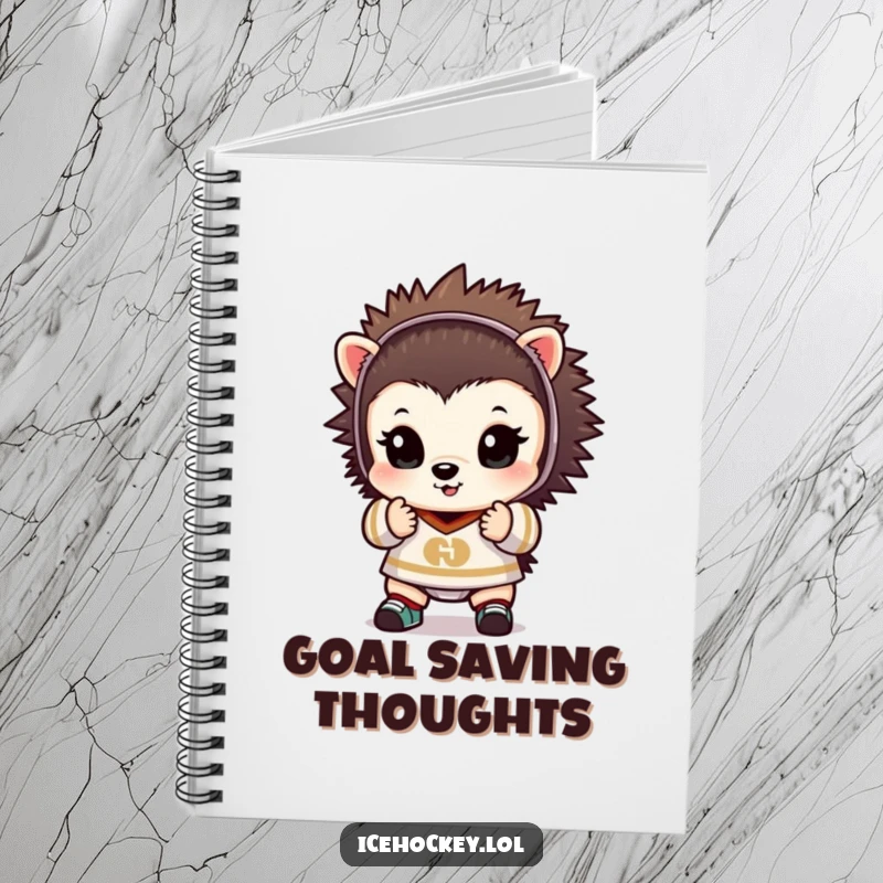 Funny notebook cover with a tiny hedgehog goalie, hands up in a save, ready to help capture brilliant ideas.