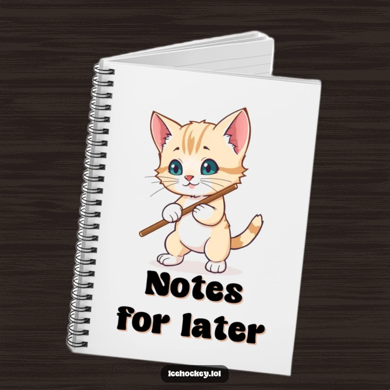 Funny notebook: A wobbly kitten tries to block a hockey puck with its stick, ready to take notes with cute determination.