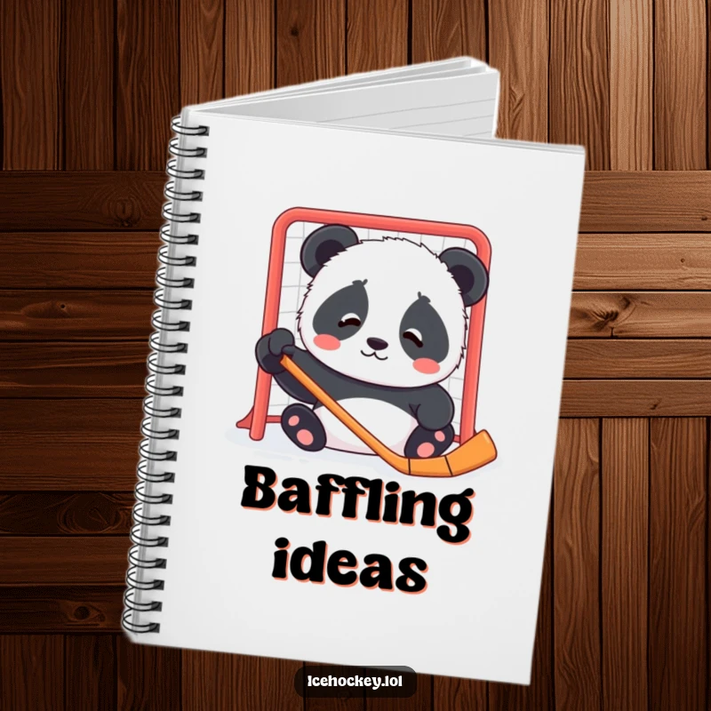 Funny notebook cover displaying a contented panda cub looking confused by a hockey net, inspiring gentle contemplation.