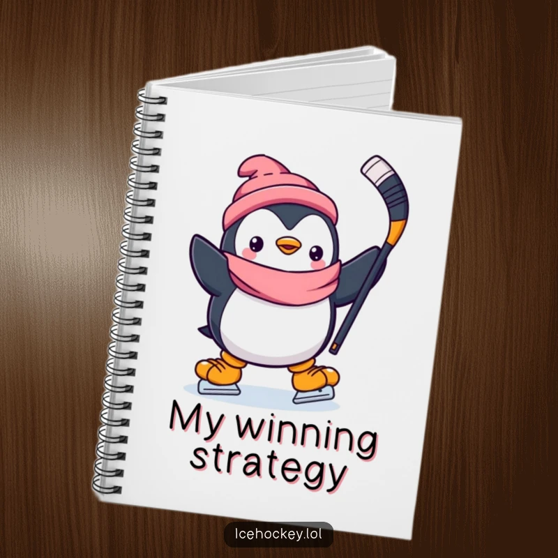 Funny notebook featuring a happy penguin skating with a hockey stick held high, perfect for jotting down brilliant ideas.