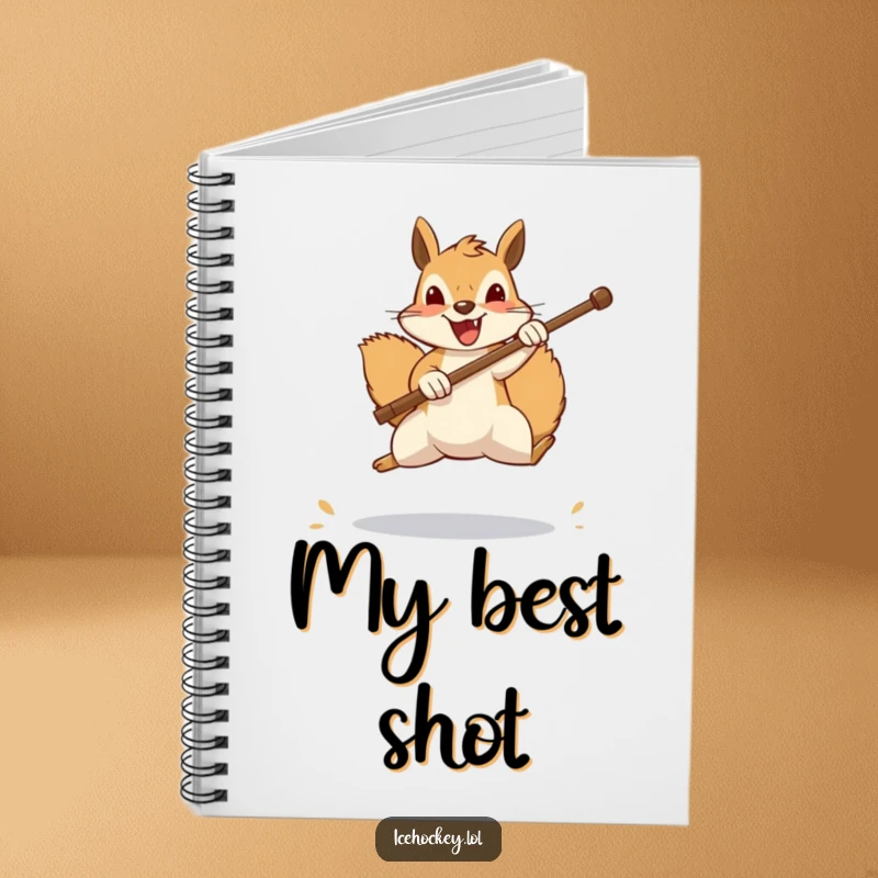Funny squirrel notebook, a cheerful squirrel leaps to block a shot with its stick, ready to capture your funny thoughts and notes in style.
