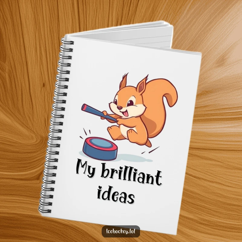 Funny squirrel notebook: a brave squirrel leaping to block a phantom puck, inspiring focused and humorous entries.