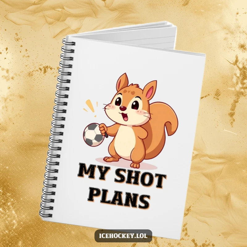 Funny notebook showing a surprised squirrel comically missing a soccer goal with a shot, ready to capture your ideas.