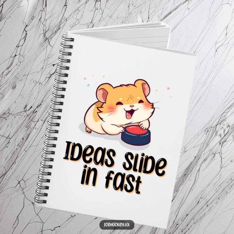 Funny notebook: A giggling hamster slides on its belly towards a hockey puck, ready to take notes with joyful abandon.