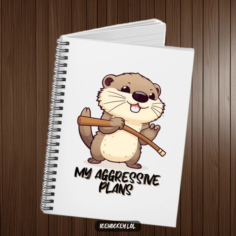 Funny notebook featuring a happy, fluffy otter aggressively checking an opponent with a hockey stick, perfect for jotting notes humorously.