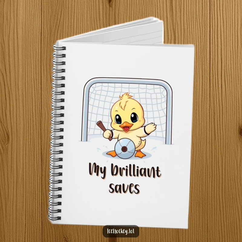 Funny notebook with a determined little duck making a wide-eyed goalie save, encouraging focused thoughts and humorous note-taking.