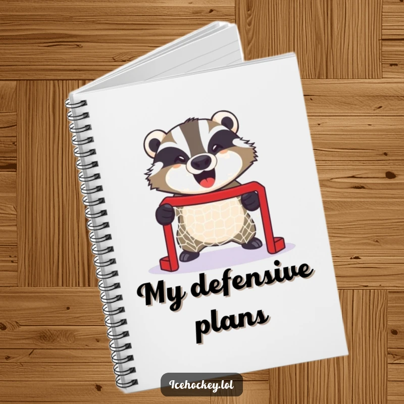 Funny notebook of a giggling badger fiercely guarding a tiny hockey net, perfect for recording game plans or brilliant ideas.