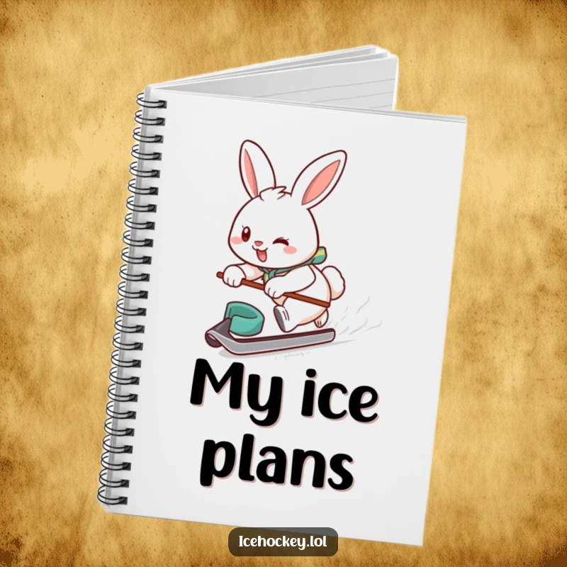 Funny notebook with a determined, smiling bunny gliding fast with a hockey puck, ready to tackle any task.