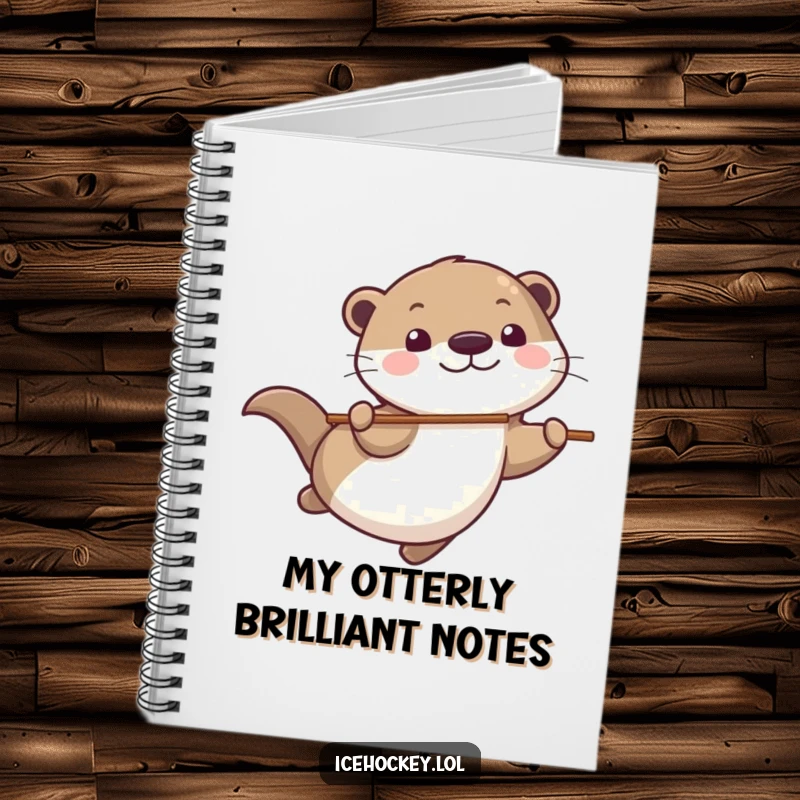 Funny Notebook with a playful otter gliding smoothly, stick in tow, with a big grin, perfect for note-taking.