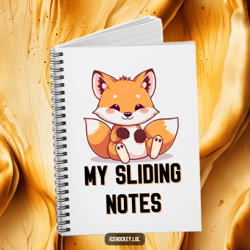 Funny notebook featuring a playful fox in tiny hockey pads, sliding into a funny pose, ready for notes.