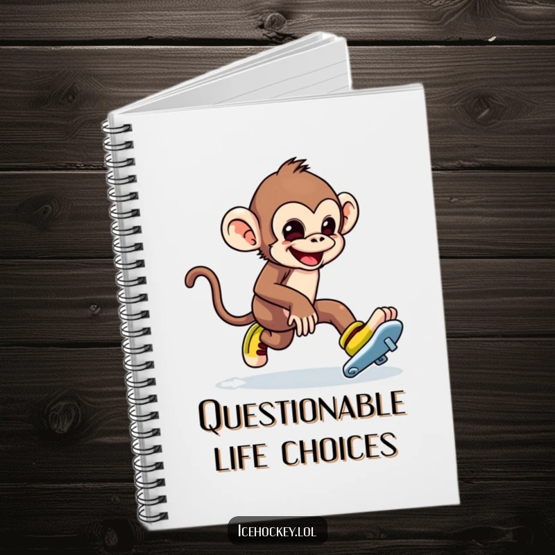 Funny notebook cover with a mischievous monkey tripping over ice skates. Whimsical design.