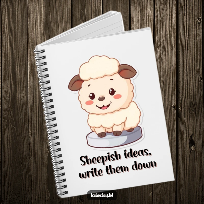 Funny Sheep Notebook featuring a fluffy cartoon sheep blocking a puck with a big smile, perfect for note-taking.