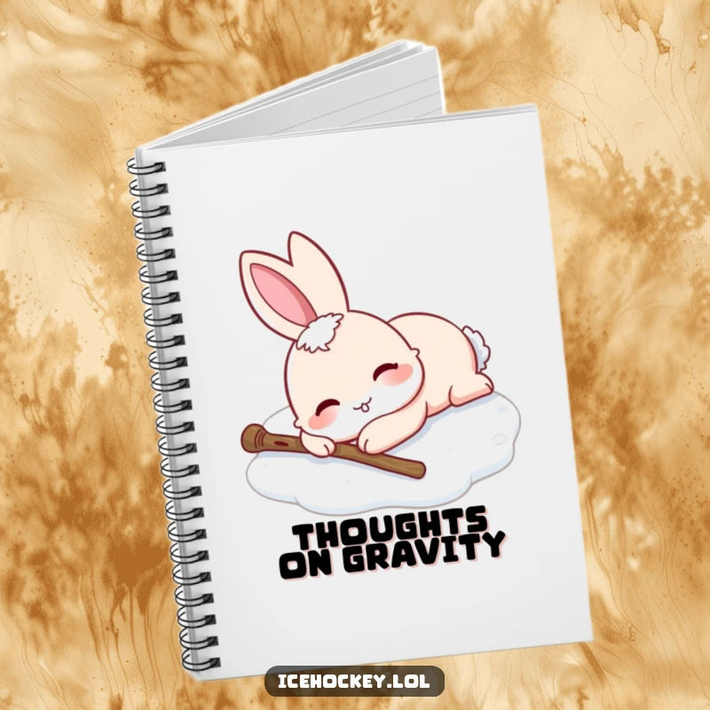 Funny notebook cover with a smiling rabbit lying on ice skates, stick fallen. Whimsical design.