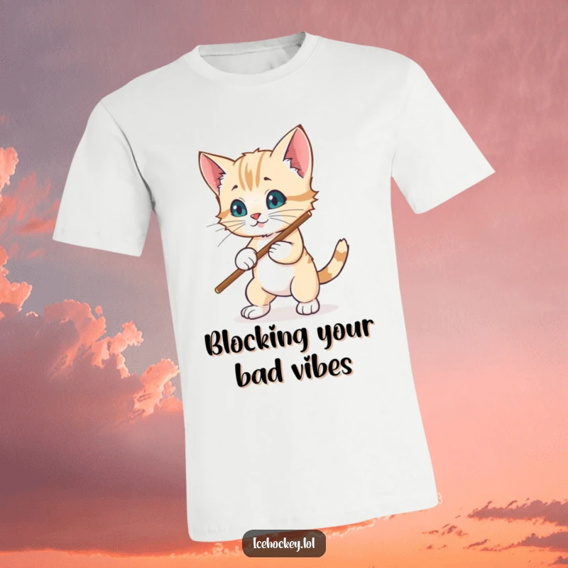 Funny t-shirt: A fluffy, wobbly kitten uses its hockey stick to hilariously attempt blocking a speeding puck.