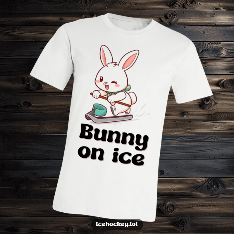 Funny t-shirt featuring a smiling, determined bunny athlete gliding swiftly on ice with a hockey puck, embodying the sport's energy.